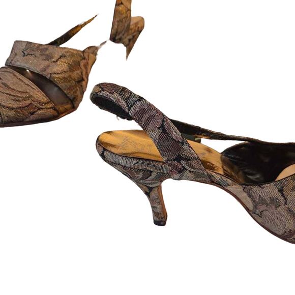 A’mano Women's Cut Out Heel Brown Vegan Floral Fabric Ankle Strap Mid 8 N New - Picture 4 of 11